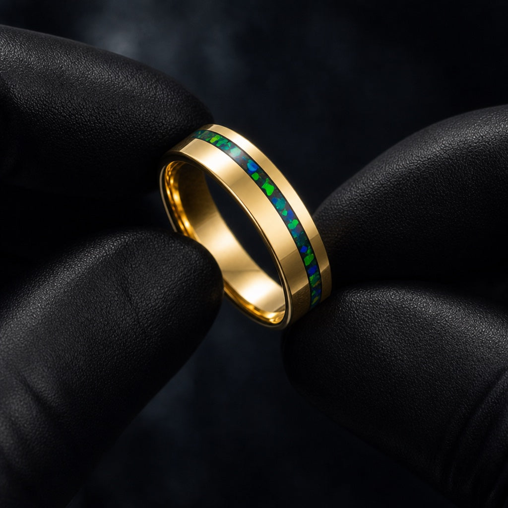 Gloved hands presenting the Savant ring, gold interior and offset green-blue opal visible