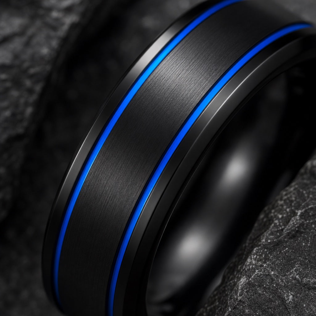 Macro of the Sentry ring's two thin parallel centred electric-blue grooves on brushed black