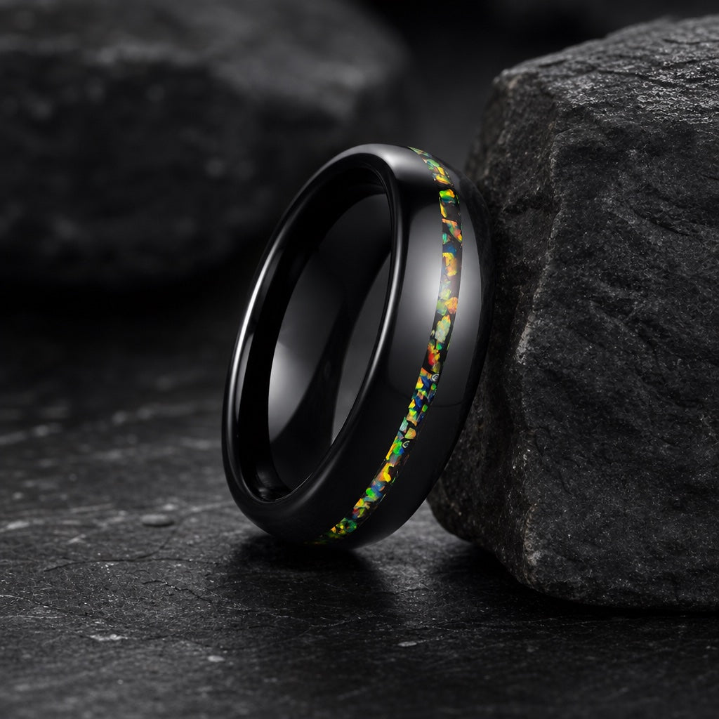 The Seraph ring resting against dark charcoal rock, polished black body and thin centred crushed opal fire visible