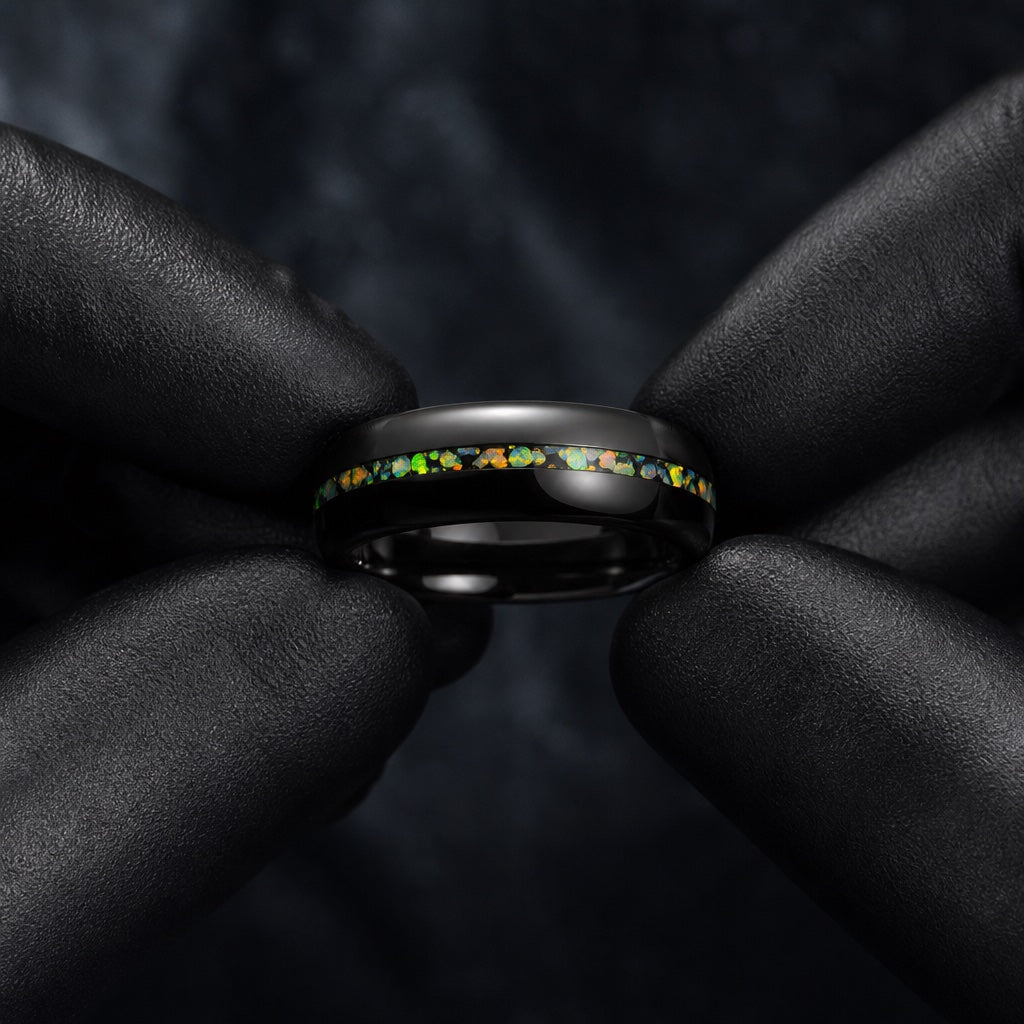 Gloved hands presenting the Seraph ring, comfort-fit black interior and centred crushed opal fire visible