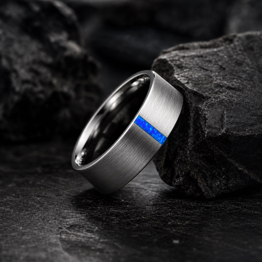 The Serene ring resting against dark charcoal rock, brushed silver body and centred crushed blue opal visible
