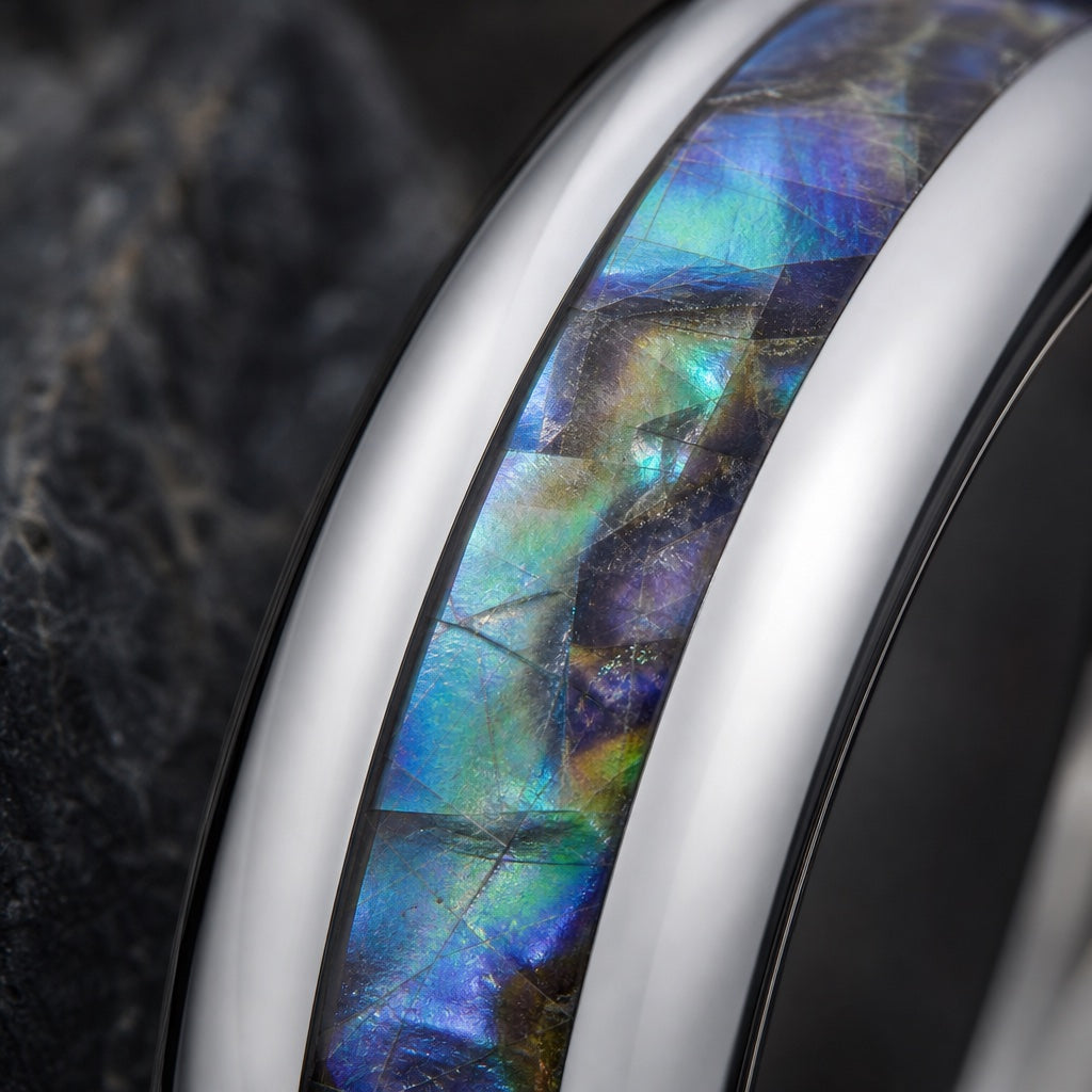 Macro of the Shaman ring's centred iridescent abalone inlay on dark stone