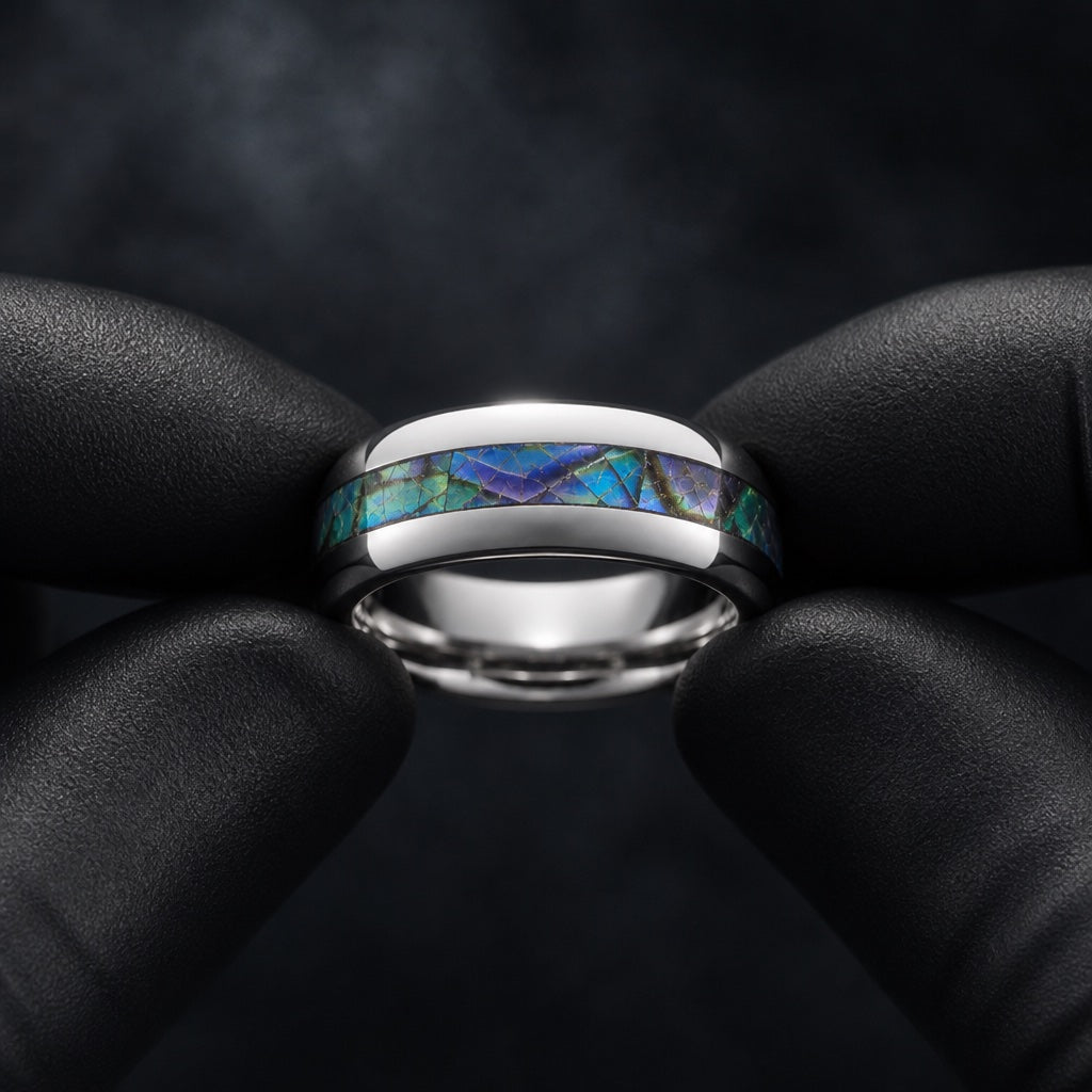 Gloved hands presenting the Shaman ring, comfort-fit curve and abalone visible
