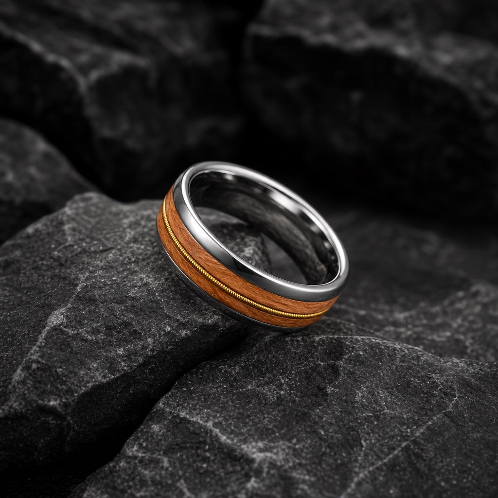 The Sharp ring resting on dark charcoal rock, oak inlay, gold wire and silver rails readable