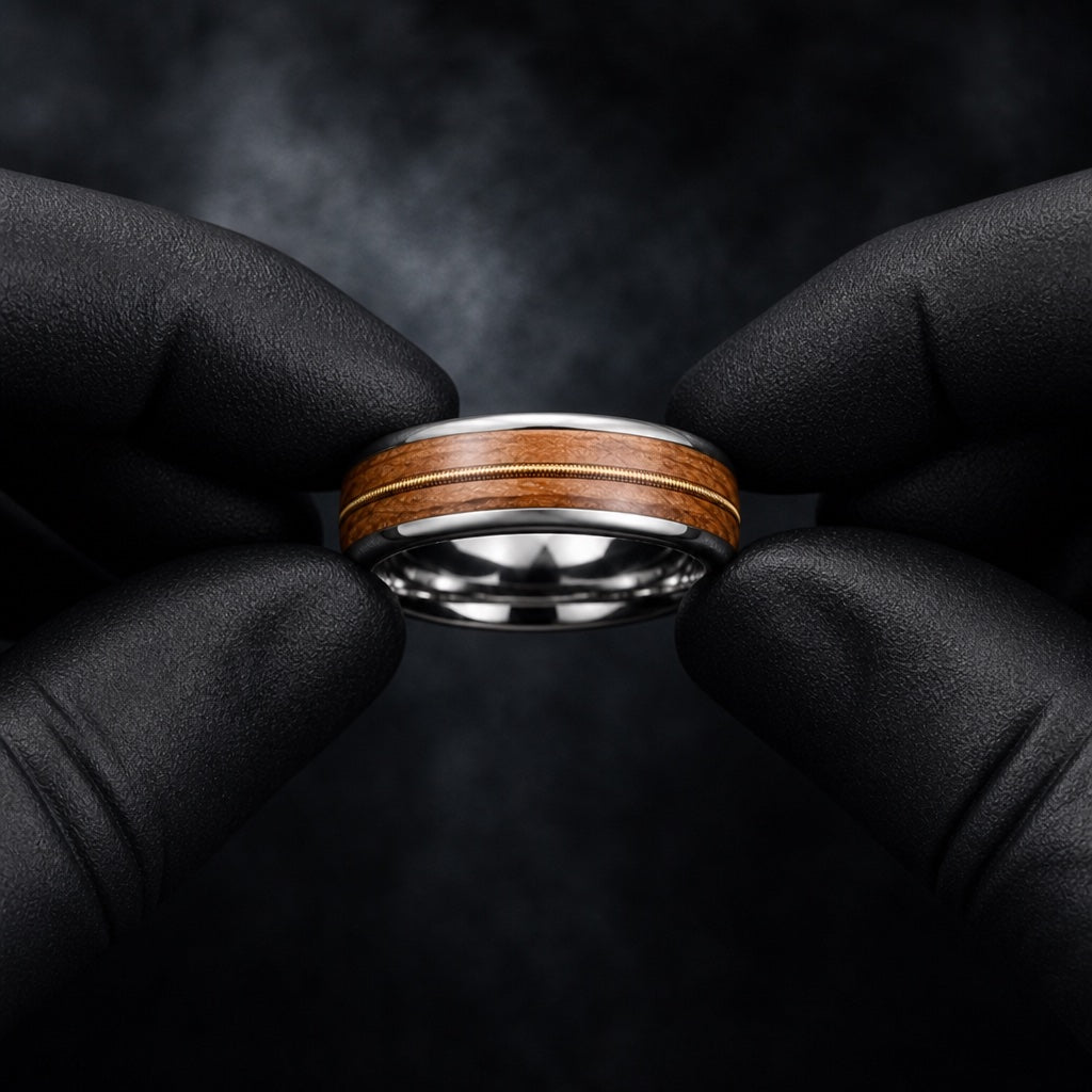 Gloved hands presenting the Sharp ring, oak inlay, gold wire and silver rails visible
