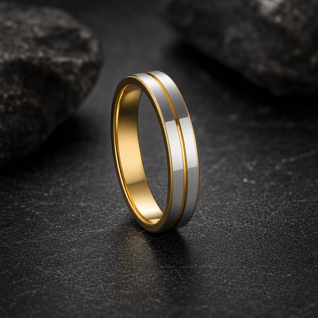 Shine ring showing polished twin silver rails and flat knife-edge profile against dark charcoal stone
