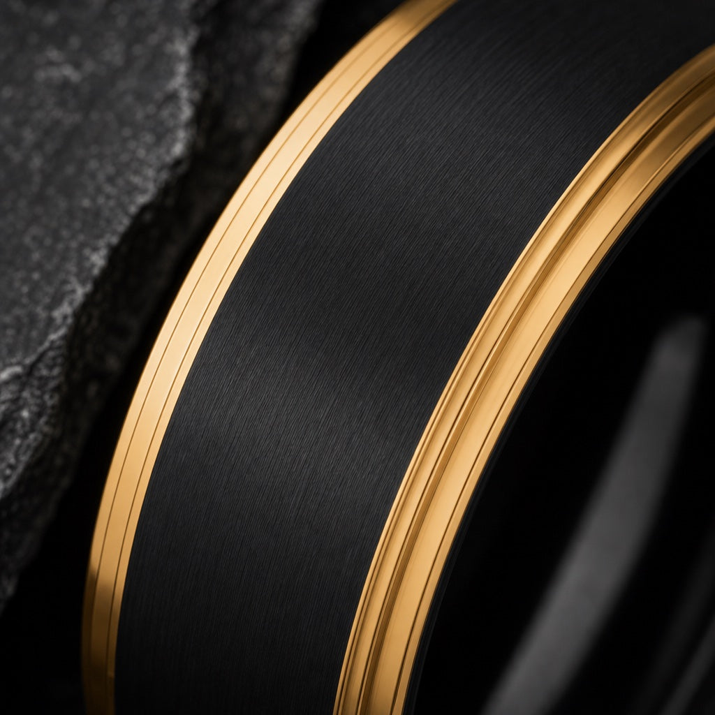Macro of the Slick ring's wide matte brushed black centre field between equal yellow-gold stepped rails on dark charcoal stone