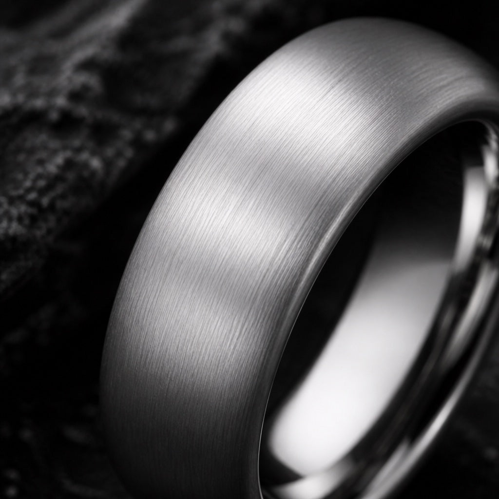 Macro of the Smooth ring's brushed satin silver tungsten exterior on dark charcoal stone