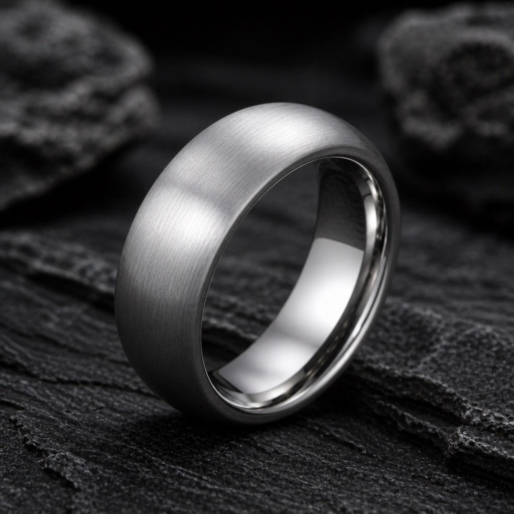 Smooth ring showing round soft-domed outer profile against dark charcoal stone