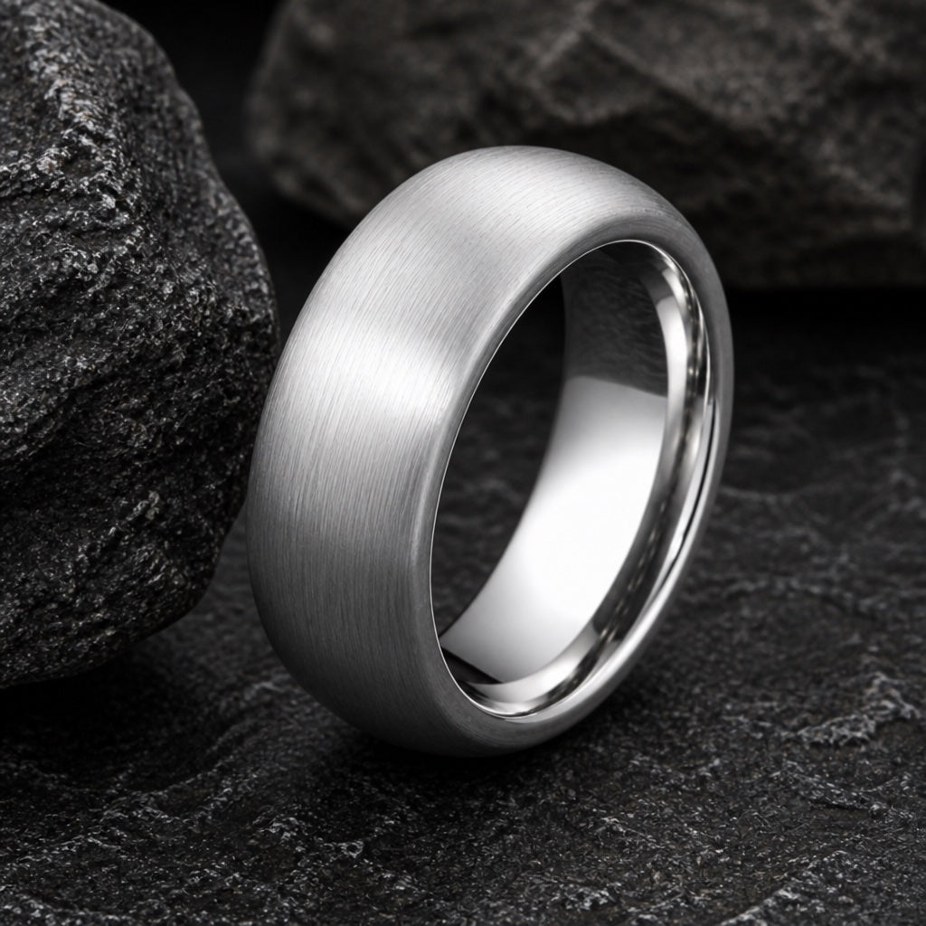 The Smooth ring resting on dark charcoal rock, brushed silver body and round dome readable
