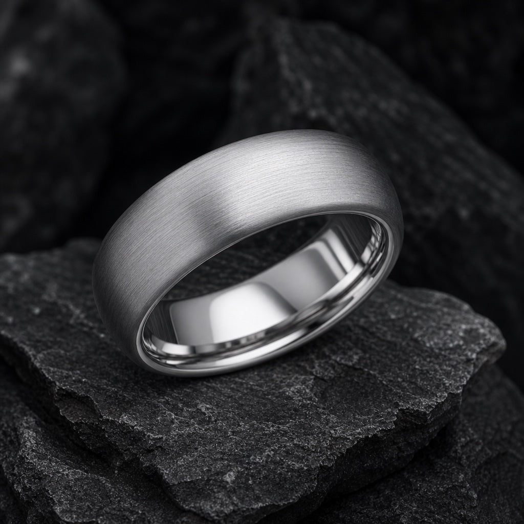 Smooth ring angled on dark charcoal stone to show the polished silver interior