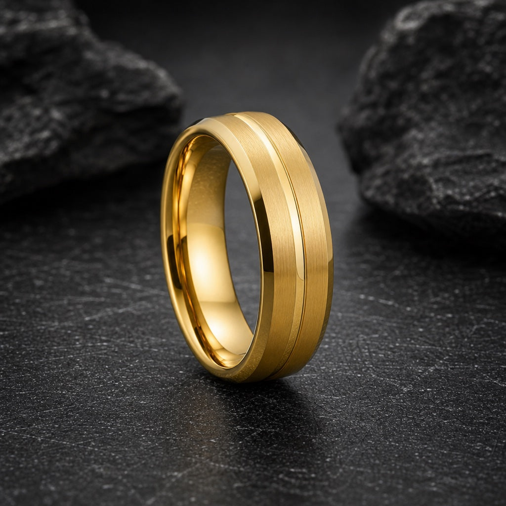Solar ring showing polished yellow-gold bevelled outer rails against the brushed gold face