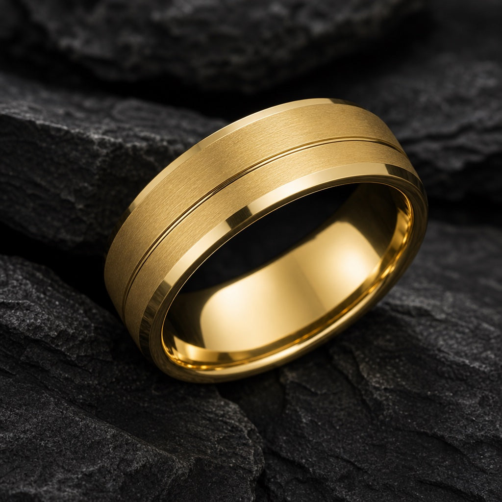 Solar ring angled on dark charcoal stone to show the blank polished yellow-gold interior of the band