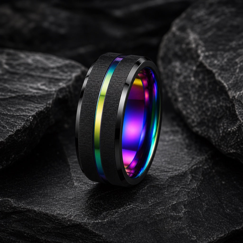 Spectrum ring showing brushed black tungsten face and bevelled edges