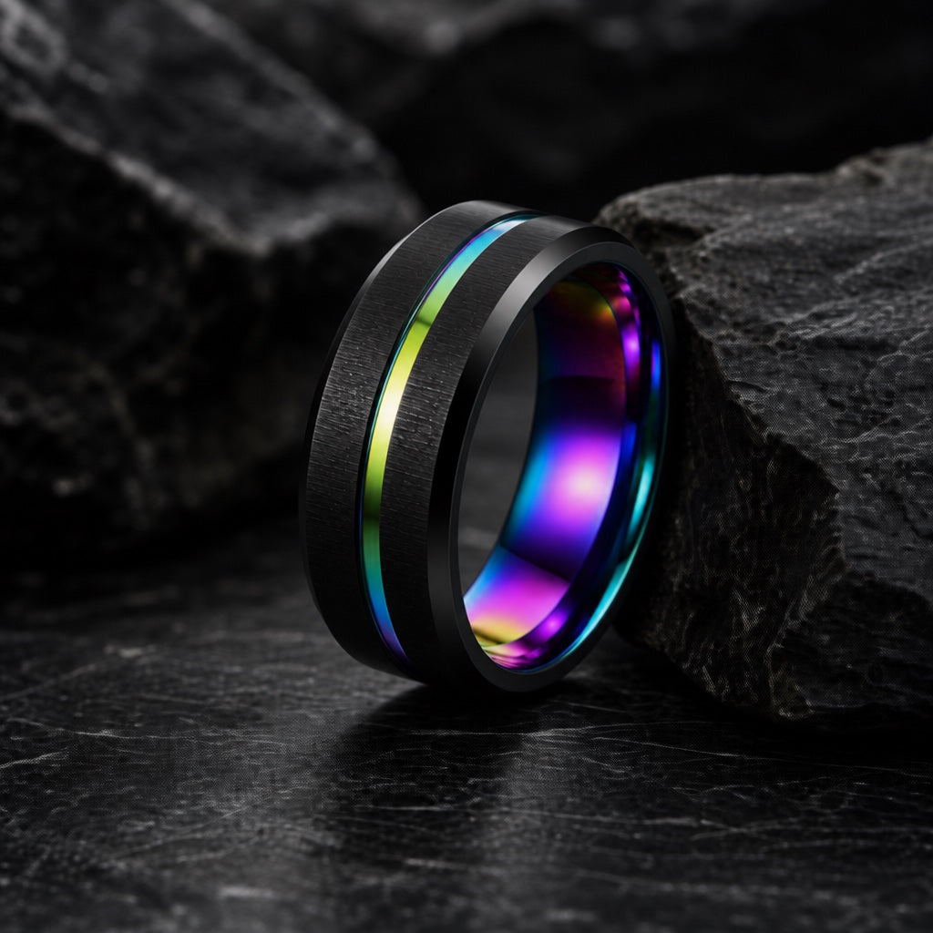 The Spectrum ring resting against dark rock, brushed black body and rainbow inlay visible