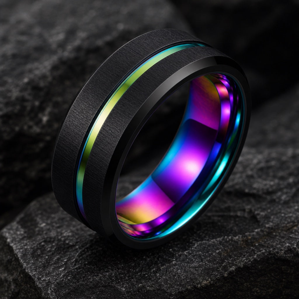 Spectrum ring angled to show the iridescent rainbow interior of the band