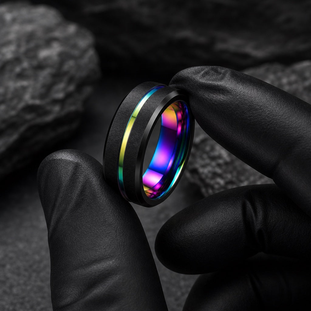 Gloved hands presenting the Spectrum ring, comfort-fit curve and rainbow interior visible
