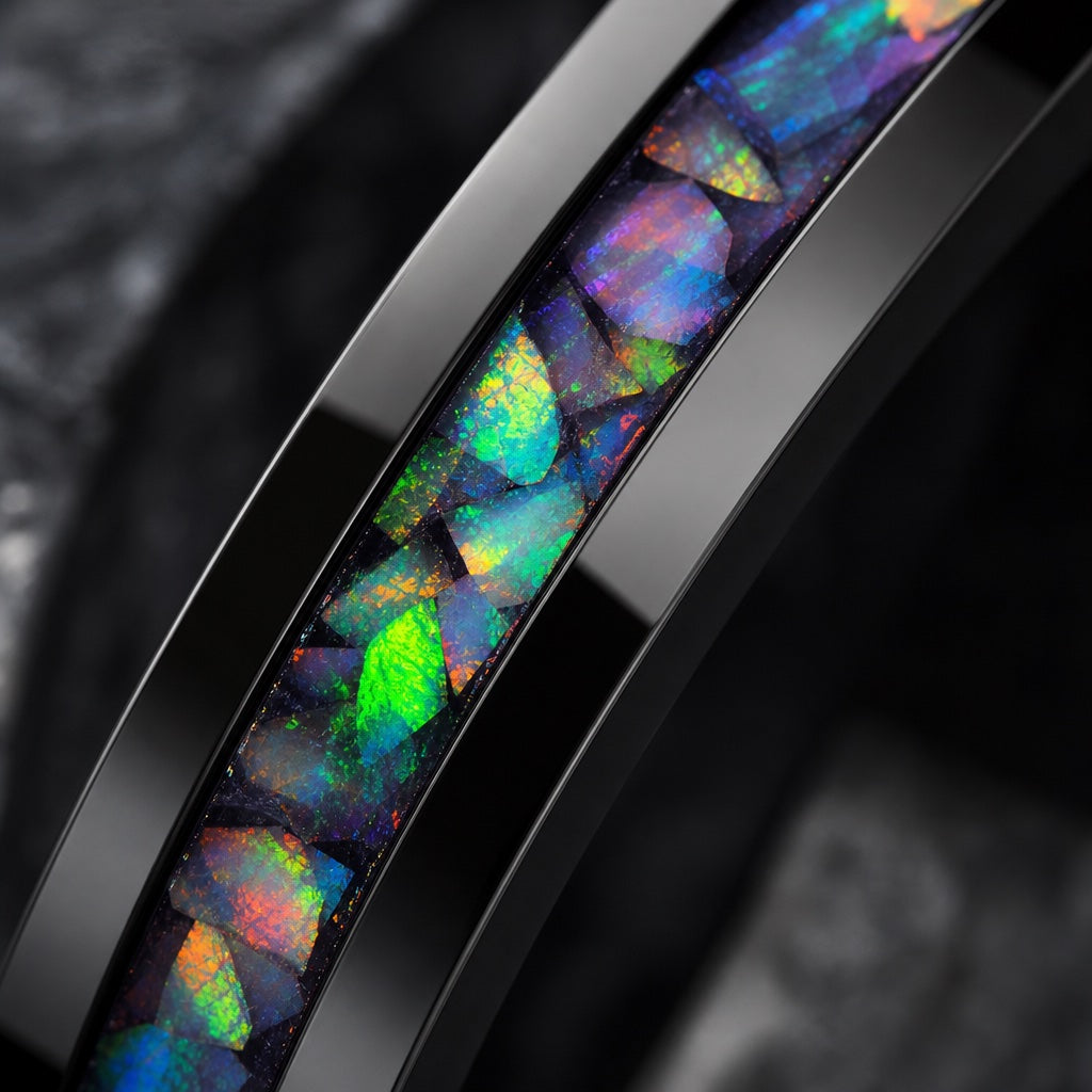 Macro of the Spirit ring's centred crushed multicolour opal and abalone inlay on dark charcoal stone