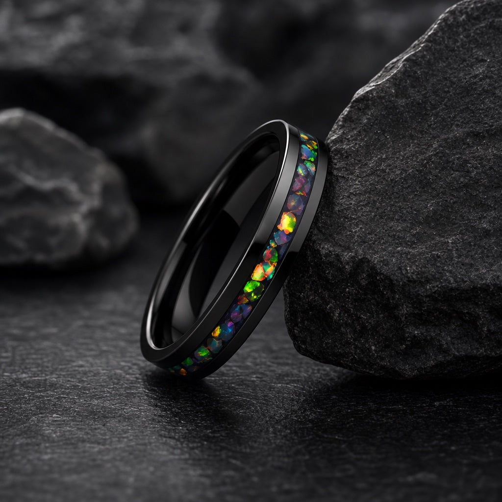 The Spirit ring resting against dark rock, slim black body and multicolour opal inlay visible