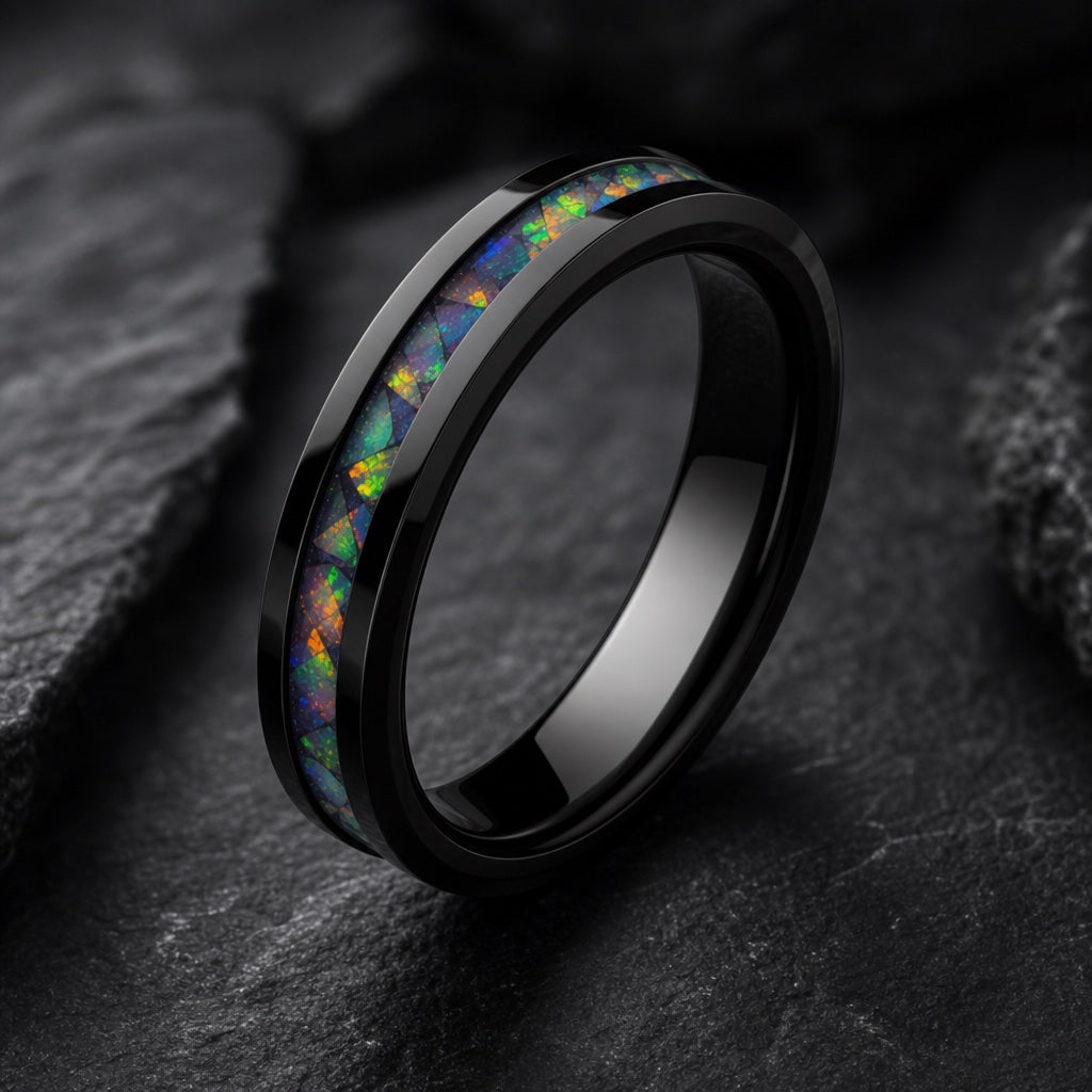 Spirit ring angled on dark charcoal stone showing the polished black blank interior