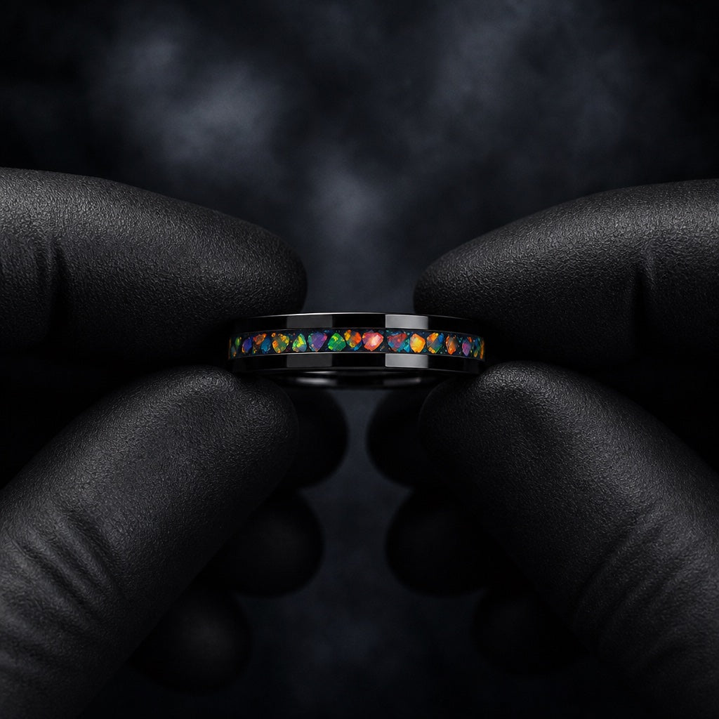 Black latex gloved hands presenting the Spirit ring, flat black band and multicolour opal inlay visible