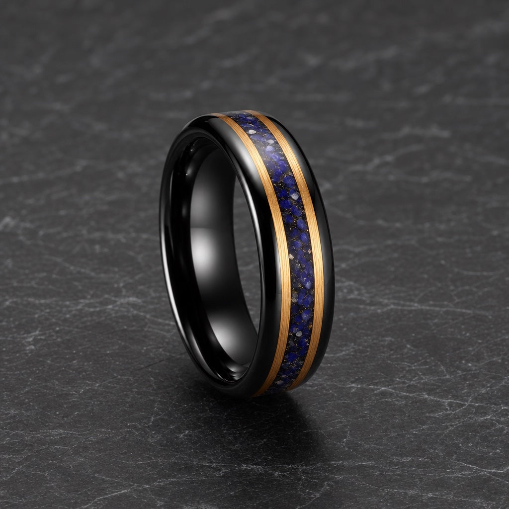 Splendour ring standing on dark stone showing polished blank black interior and centred lapis channel
