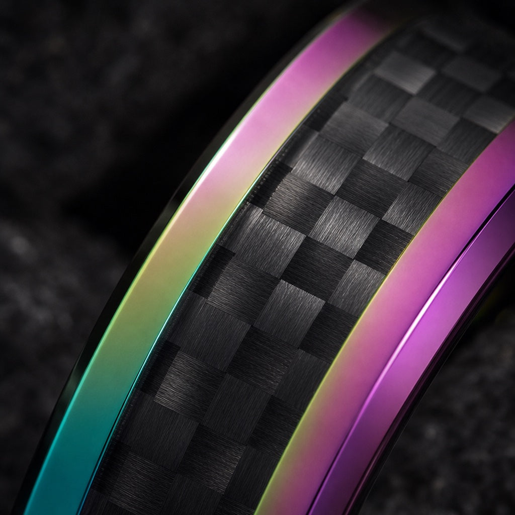 Macro of the Sprite ring centred carbon-fibre weave channel between rainbow iridescent rails
