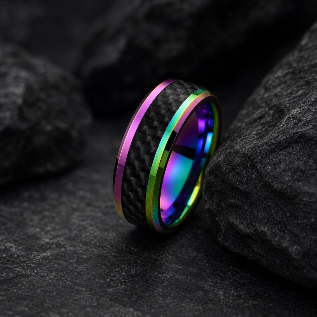 Sprite ring showing polished rainbow iridescent bevelled outer rails against the carbon-fibre channel