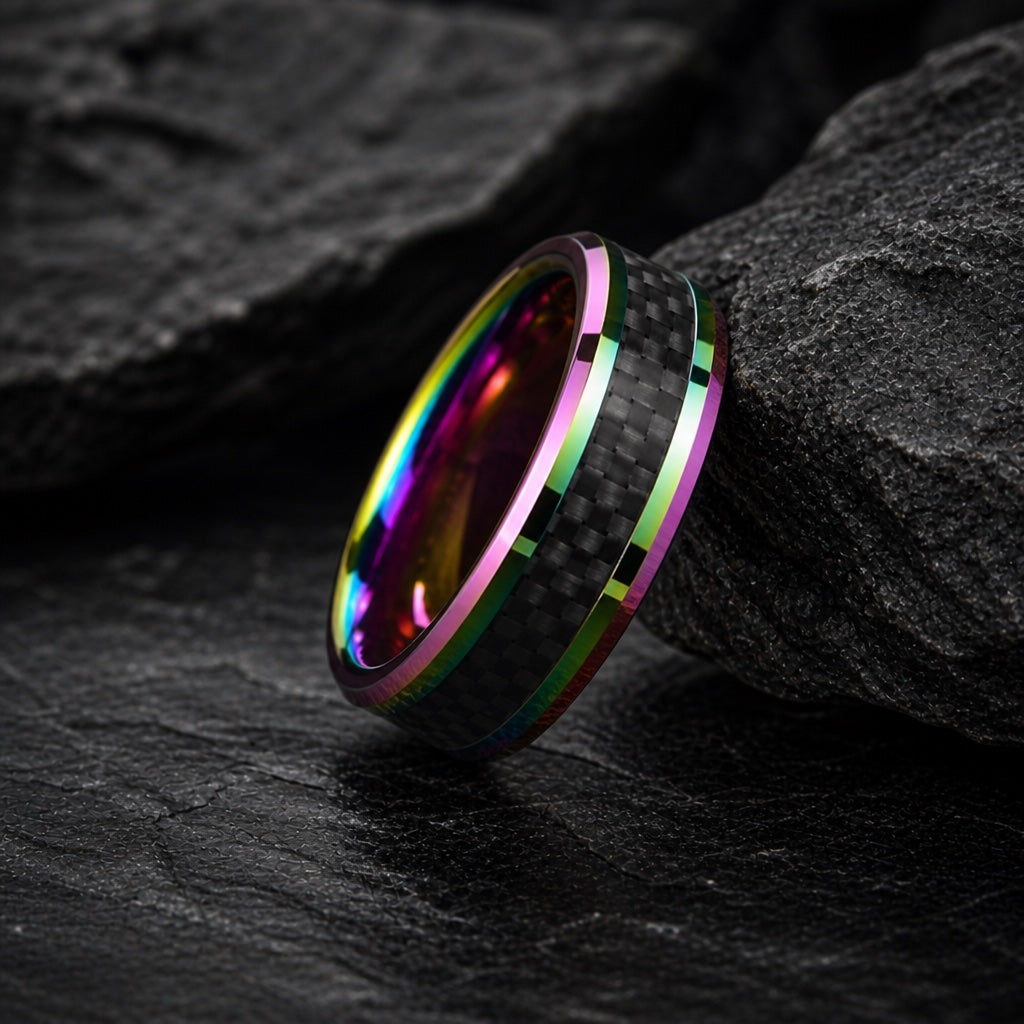 The Sprite ring resting against dark rock, rainbow rails and centred carbon-fibre channel visible