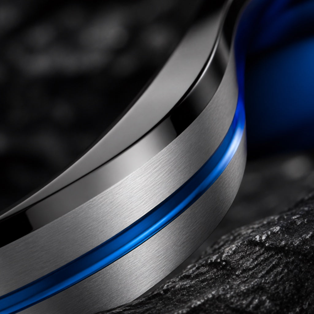Sublime ring profile showing polished bevelled edges framing brushed silver face and thin electric-blue groove on dark charcoal stone