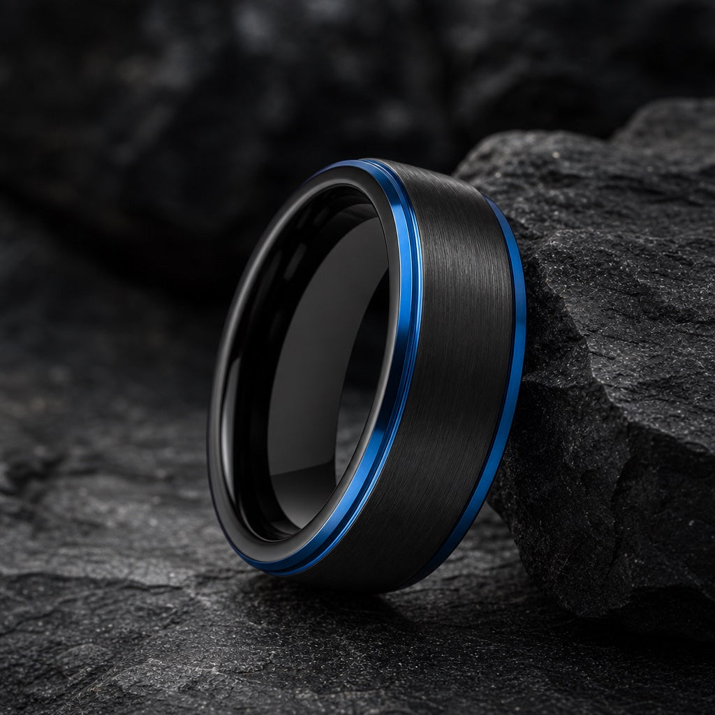 The Subzero ring resting on dark charcoal rock, brushed black centre and equal electric-blue stepped rails fully readable