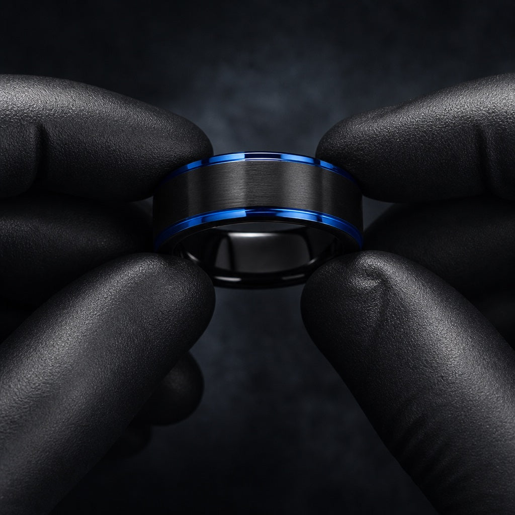 Gloved hands presenting the Subzero ring, brushed black centre, electric-blue steps, and comfort-fit curve visible