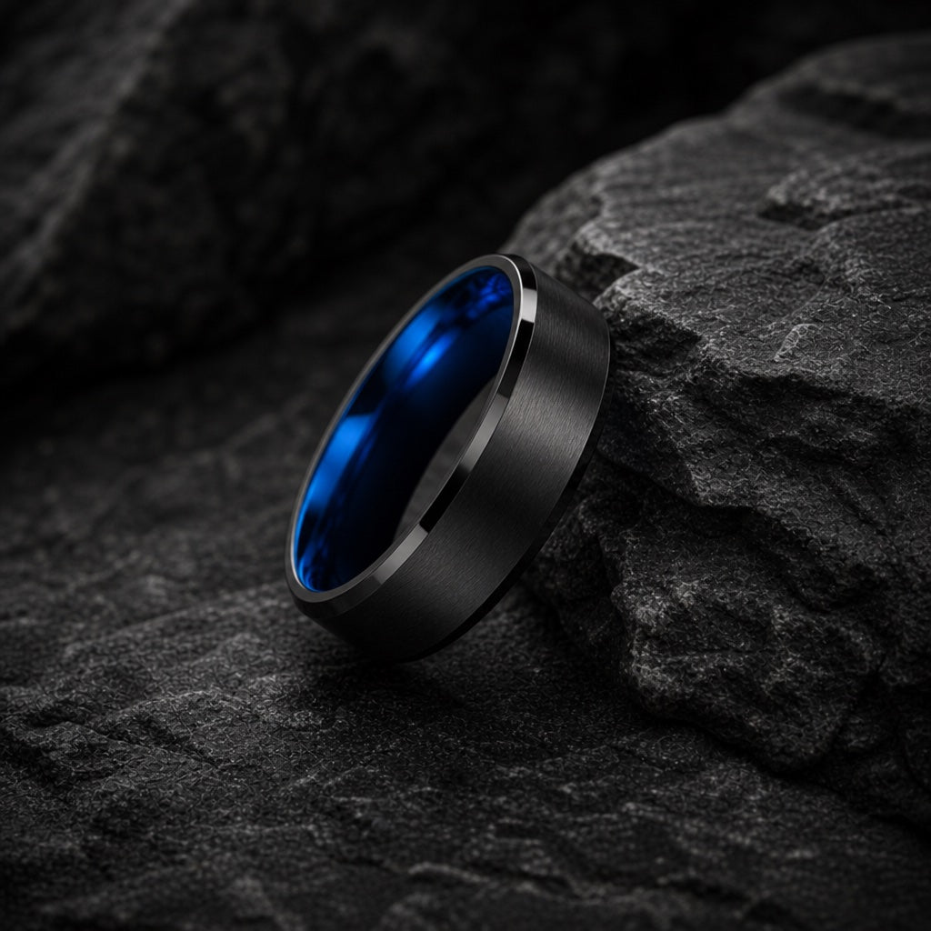 The Tempest ring resting against dark rock, brushed charcoal body, polished black bevels, electric blue interior visible