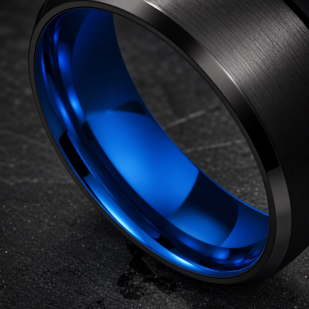 Tempest ring angled on dark stone showing the polished electric blue blank interior