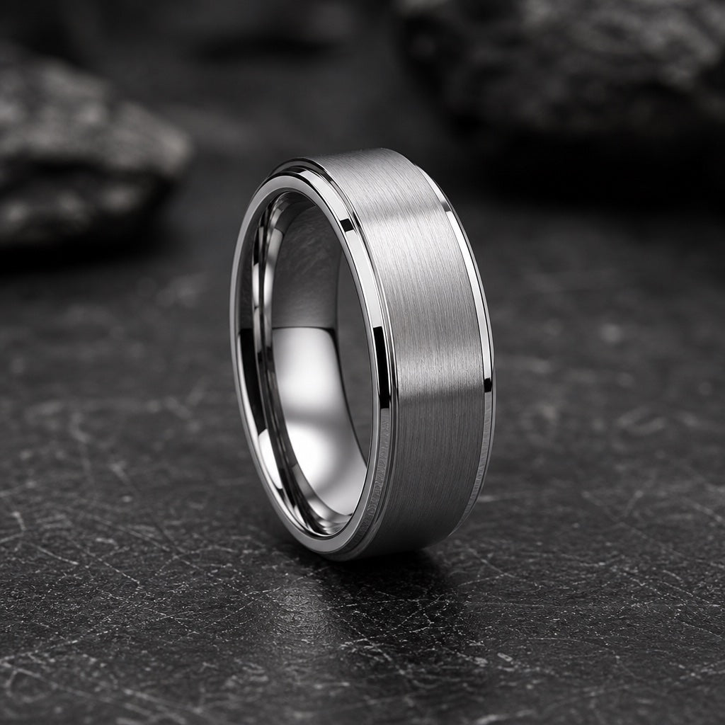 Vanquish ring profile showing polished stepped silver edge rails flanking the brushed raised centre against dark charcoal stone