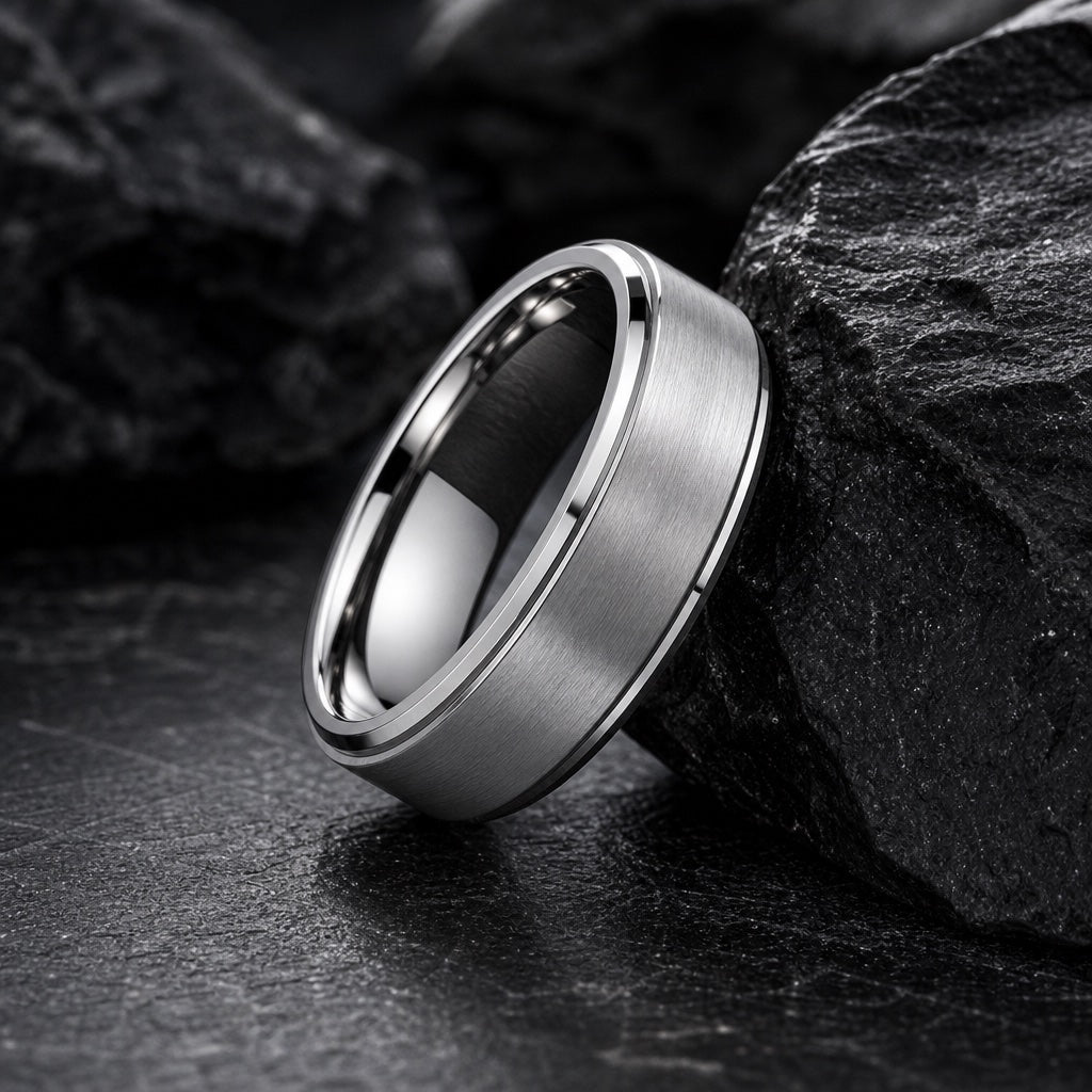 The Vanquish ring resting on dark charcoal rock, brushed raised centre and polished stepped rails fully readable