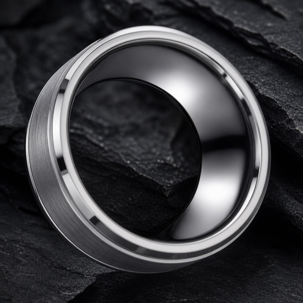 Vanquish ring angled on dark charcoal stone to show the polished blank silver interior filling the frame