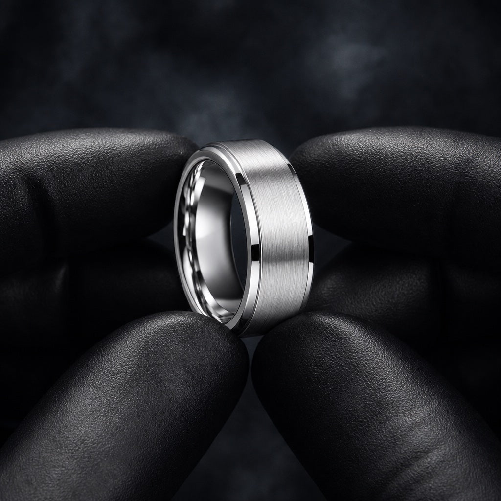 Gloved hands presenting the Vanquish ring, brushed raised centre, polished stepped rails, and comfort-fit curve visible