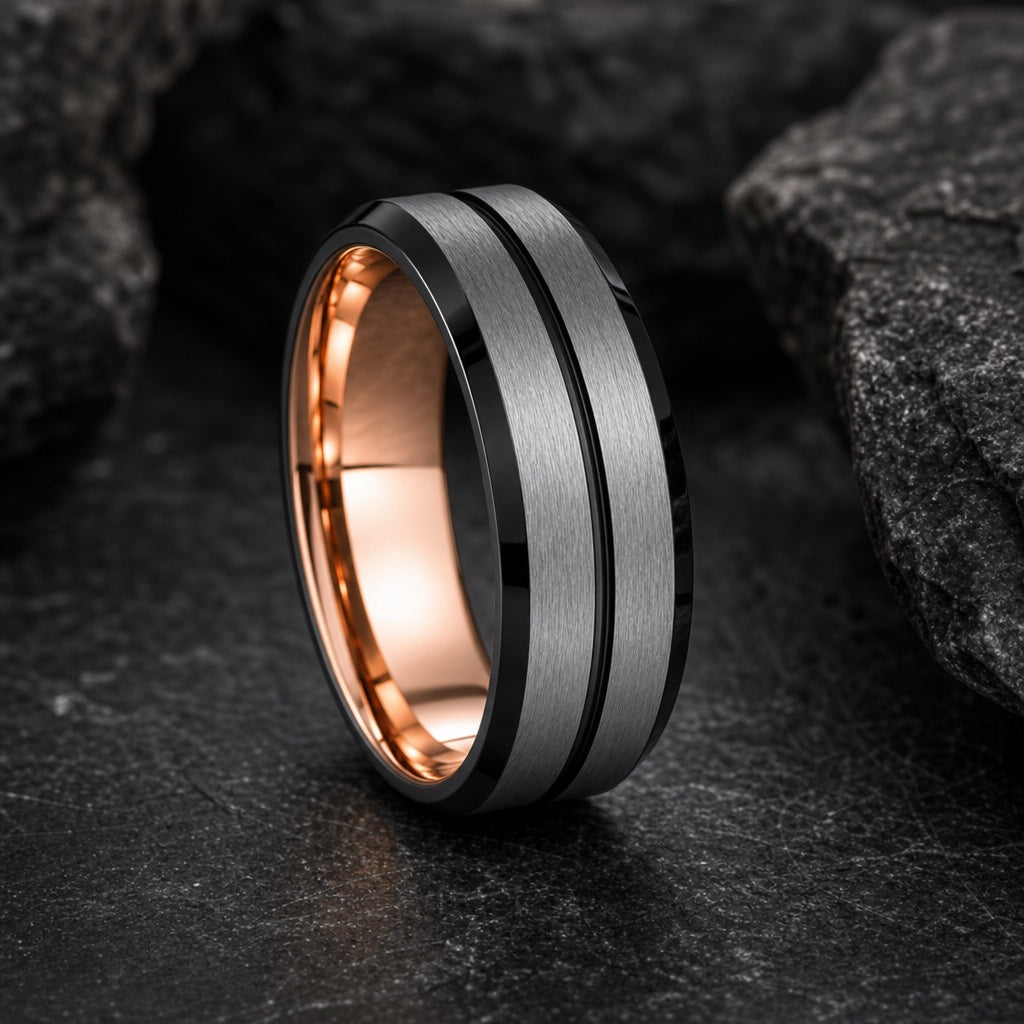 Viceroy ring showing polished black bevelled rims framing the brushed silver face and centred black groove on dark stone