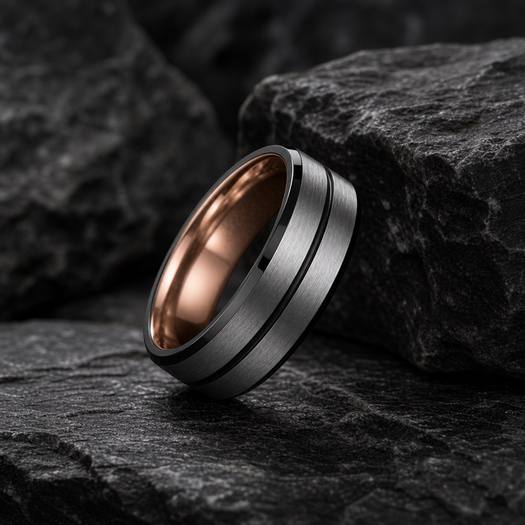 The Viceroy ring resting on dark charcoal rock, brushed silver body, centred black groove and black bevels readable