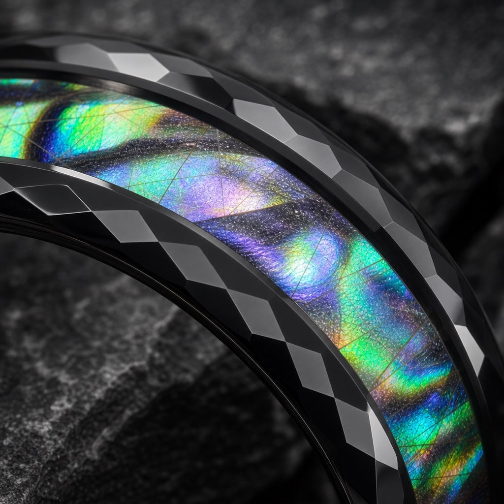 Macro of the Warlock ring centred abalone inlay between faceted black rails on dark charcoal stone