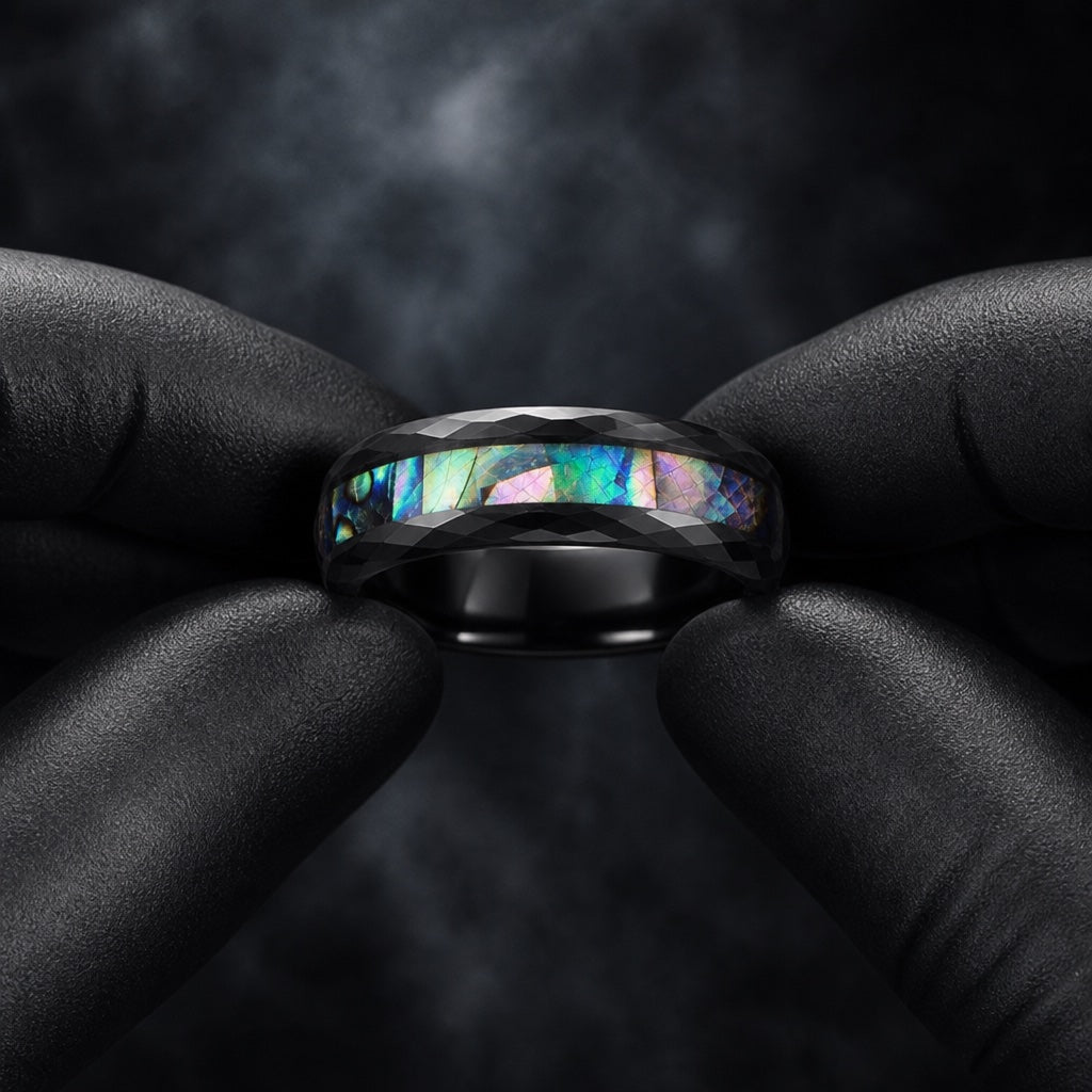 Black latex gloves presenting the Warlock ring with faceted black rails and centred abalone