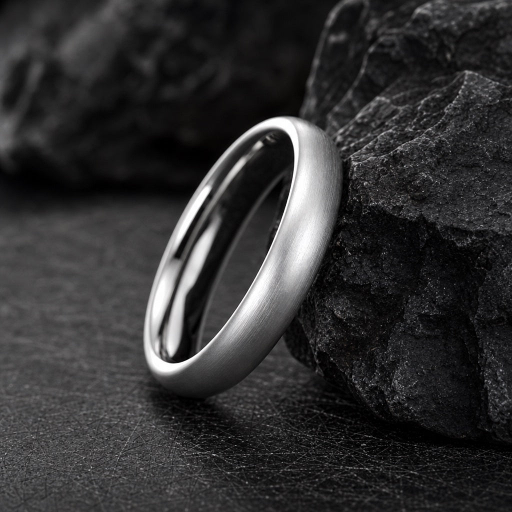 The Wisp ring resting on dark charcoal rock, brushed silver body and round dome readable
