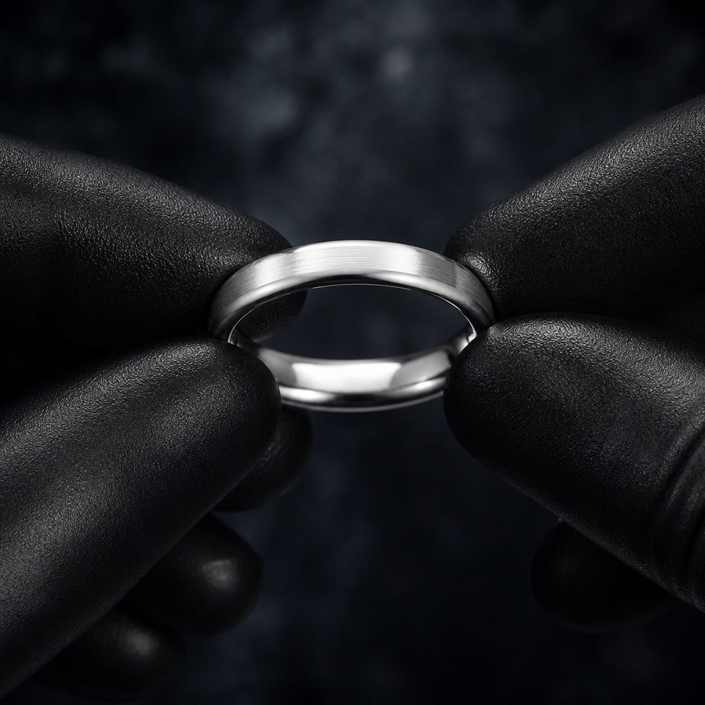 Gloved hands presenting the Wisp ring, brushed silver dome and comfort-fit curve visible