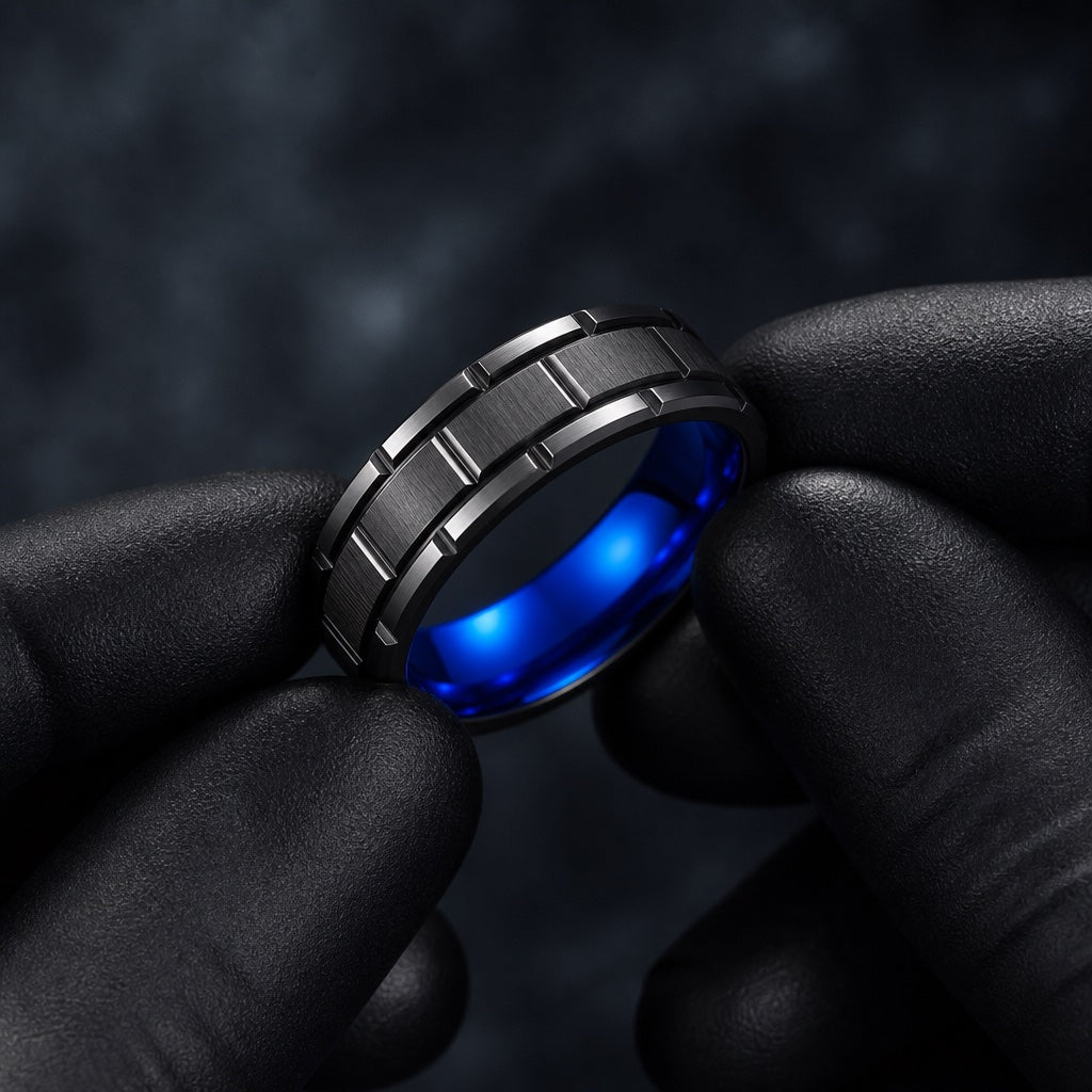 Black latex gloved hands presenting the Wonder ring, electric royal blue interior and segmented gear face visible
